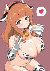 Rule 34 | animal ears, animal print, bell, bikini, blunt bangs, breasts, collar, commentary request, cow ears, cow horns, cow print, cow print bikini, cowbell, elbow gloves, fake animal ears, fake horns, girls und panzer, gloves, heart, heart-shaped pupils, highres, horns, huge breasts, long hair, looking at viewer, milk, navel, orange hair, print bikini, print gloves, print thighhighs, red background, red collar, simple background, solo, spoken heart, swimsuit, symbol-shaped pupils, takebe saori, thighhighs, white bikini, white gloves, white thighhighs, yabai gorilla