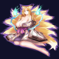 Rule 34 | 1girl, animal ears, bare shoulders, barefoot, blonde hair, breasts, cleavage, facial mark, forehead mark, fox ears, fox tail, green eyes, hikimayu, huge breasts, inari, japanese clothes, large breasts, long hair, multiple tails, omachi, qblade, rance (series), sengoku rance, signature, solo, tail