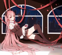 Rule 34 | 10s, 1girl, absurdres, bare shoulders, chun yang, cup, detached sleeves, dress, drinking glass, frills, high heels, highres, krul tepes, long hair, looking at viewer, owari no seraph, pink hair, red eyes, solo, thighhighs, very long hair, wine glass