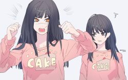 Rule 34 | 2girls, black hair, brown eyes, cake, chainsaw man, cross scar, emphasis lines, facial scar, food, grey background, highres, long hair, looking at another, looking at viewer, mitaka asa, multiple girls, open mouth, pink sweater, red eyes, ringed eyes, scar, scar on cheek, scar on face, simple background, sweater, twintails, twitter username, valentine (02140314c), yoru (chainsaw man)