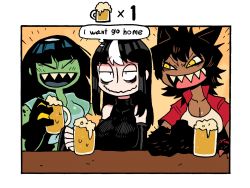 Rule 34 | 3girls, :d, alcohol, animal ears, bare shoulders, beer, beer mug, black hair, border, breasts, colored skin, counter, cup, detached sleeves, english text, green shirt, green skin, highres, jacket, jitome, large breasts, long hair, long sleeves, looking at viewer, monster girl, mug, multicolored hair, multiple girls, neneko (rariatto), noss (rariatto), open clothes, open jacket, open mouth, original, rariatto (ganguri), red jacket, rudy (rariatto), sanpaku, sharp teeth, shirt, short sleeves, sleeves past wrists, smile, streaked hair, teeth, wavy mouth, white border, white hair, white shirt, wolf ears, yellow eyes