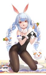 Rule 34 | &gt; &lt;, 1girl, :d, absurdres, animal ear fluff, animal ears, black gloves, black leotard, blue hair, bow, braid, brown pantyhose, carrot hair ornament, commentary request, creature, deal with it (meme), detached sleeves, don-chan (usada pekora), food-themed hair ornament, fur scarf, gloves, hair bow, hair ornament, hands up, highres, hololive, index fingers together, kneeling, leotard, leviathan (hikinito0902), long hair, looking at viewer, meme, multicolored hair, no shoes, open mouth, orange eyes, pantyhose, pekomon (usada pekora), playboy bunny, rabbit, rabbit ears, rabbit girl, rabbit tail, scarf, short eyebrows, short sleeves, smile, strapless, strapless leotard, tail, thick eyebrows, twin braids, twintails, two-tone hair, usada pekora, usada pekora (1st costume), very long hair, virtual youtuber, white bow, white hair, white scarf, xd