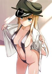 Rule 34 | 10s, 1girl, absurdres, arched back, bikini, bismarck (kancolle), blonde hair, blue eyes, breasts, cleavage, collarbone, from above, grey bikini, hair between eyes, hat, highres, kantai collection, large breasts, long hair, military hat, navel, o-ring, o-ring bikini, ohta yuichi, open mouth, peaked cap, scan, slingshot swimsuit, solo, strap gap, sweat, swimsuit, towel