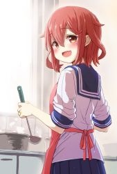 Rule 34 | 1girl, apron, back, blue sailor collar, blue skirt, blush, brown hair, cooking, day, fang, hair ornament, hairclip, highres, holding, holding ladle, ikazuchi (kancolle), indoors, kantai collection, kitchen, ladle, looking at viewer, looking to the side, neckerchief, sailor collar, school uniform, serafuku, shirt, short hair, skirt, sleeves rolled up, smile, stove, sunlight, unagiman, white shirt, window