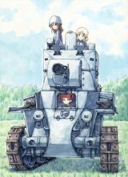 Rule 34 | 10s, 3girls, aki (girls und panzer), blue hat, blue jacket, blue sky, brown eyes, brown hair, bt-42, caterpillar tracks, closed mouth, cloud, cloudy sky, commentary, day, girls und panzer, green eyes, hair tie, hat, highres, jacket, keizoku military uniform, light brown hair, long sleeves, mika (girls und panzer), mikko (girls und panzer), military, military uniform, military vehicle, motor vehicle, multiple girls, omachi (slabco), outdoors, raglan sleeves, red eyes, red hair, riding, short hair, short twintails, sky, smile, tank, track jacket, traditional media, twintails, uniform
