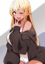 Rule 34 | 1girl, alternate costume, black jacket, blonde hair, blush, breasts, camisole, casual, commentary, cowboy shot, dark-skinned female, dark skin, gradient background, grey background, hair between eyes, hand to own mouth, highres, hololive, jacket, large breasts, long hair, looking at viewer, multicolored hair, off shoulder, one eye closed, open clothes, open jacket, open mouth, pointy ears, red eyes, shiranui flare, simple background, sitting, sleepy, solo, tearing up, tears, two-tone hair, virtual youtuber, white camisole, white hair, yamaki (yamaki801), yawning