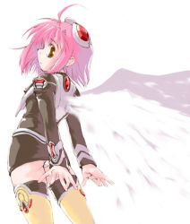 Rule 34 | 00s, 1girl, ahoge, arms behind back, boots, looking back, m.o.m.o., panties, pantyshot, pink hair, pitomo, red hair, short hair, solo, standing, thigh boots, thighhighs, underwear, upskirt, white panties, white thighhighs, wings, xenosaga, yellow eyes
