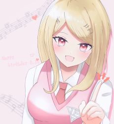 Rule 34 | 1girl, :d, ahoge, akamatsu kaede, blonde hair, blush, breasts, collared shirt, commentary request, danganronpa (series), danganronpa v3: killing harmony, dated, fortissimo, hair ornament, happy, happy birthday, heart, highres, index finger raised, large breasts, long hair, looking at viewer, musical note, musical note hair ornament, necktie, open mouth, pink eyes, pink vest, ririka (scrdnrn 954), shirt, smile, solo, sweater vest, vest, white shirt