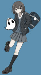 Rule 34 | 1girl, bag, black jacket, black socks, blazer, blue background, blue sweater, bob cut, brown hair, collarbone, collared shirt, dress shirt, full body, ghost, grey eyes, grey skirt, hand in pocket, holding ghost, jacket, jitome, kneehighs, loafers, long sleeves, looking at viewer, no pupils, open clothes, open jacket, open mouth, original, pleated skirt, popped collar, school bag, school uniform, shirt, shoes, short hair, shoulder bag, simple background, skirt, socks, solo, standing, standing on one leg, sweater, umi ha kirai, white shirt