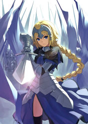 Rule 34 | 1girl, armor, armored dress, black thighhighs, blonde hair, blue eyes, braid, capelet, fate/apocrypha, fate (series), fkey, full armor, gauntlets, glint, holding, jeanne d&#039;arc (fate), jeanne d&#039;arc (ruler) (fate), long hair, looking at viewer, revision, sitting, solo, sword, thighhighs, weapon
