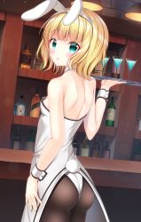 Rule 34 | 1girl, animal ears, ass, back, bar (place), bare shoulders, blonde hair, blue eyes, blush, bottle, breasts, brown pantyhose, cocktail glass, colored eyelashes, cowboy shot, cup, drink, drinking glass, fake animal ears, gochuumon wa usagi desu ka?, hairband, hand up, highres, holding, holding tray, indoors, kirima syaro, leotard, looking at viewer, looking back, pantyhose, parted lips, pizzzica, playboy bunny, rabbit ears, rabbit tail, small breasts, solo, standing, strapless, strapless leotard, tail, tray, white hairband, white leotard, wrist cuffs