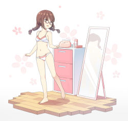 Rule 34 | 1girl, :d, bare arms, bare legs, bare shoulders, barefoot, black-framed eyewear, blush, bra, braid, breasts, brown hair, glasses, hatsunatsu, long hair, looking at mirror, looking away, looking back, low twintails, mirror, navel, open mouth, original, panties, reflection, small breasts, smile, solo, standing, standing on one leg, twin braids, twintails, underwear, underwear only, white bra, white panties
