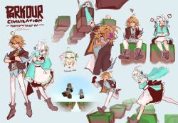 0rcazone 3girls ahoge apron aqua_dress aqua_eyes aqua_hair aqua_shirt black_footwear blonde_hair breasts detached_sleeves dokibird_(vtuber) dokibird_(vtuber)_(bounty_hunter) dress eating english_text frills full_body gradient_hair green_eyes green_hair hair_ornament hairband hairclip heterochromia highres indie_virtual_youtuber laimu_(vtuber) lime_(vtuber) looking_at_viewer medium_breasts medium_hair minecraft minecraft_youtube mint_fantome multicolored_hair multiple_girls multiple_views pants parkour_civilization pointy_ears red_eyes running shirt signature sitting sleeves_past_fingers sleeves_past_wrists smile standing triangular_headpiece vinesauce virtual_youtuber white_hair white_pants