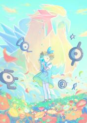 Rule 34 | 1girl, absurdres, closed eyes, closed mouth, cloud, commentary request, creatures (company), day, dress, entei, eyelashes, falling petals, flower, game freak, gen 2 pokemon, grass, hair ribbon, hands up, highres, holding, holding poke ball, legendary pokemon, luna mokamoka, molly hale, nintendo, outdoors, petals, poke ball, pokemon, pokemon (anime), pokemon (classic anime), pokemon (creature), pokemon 3: the movie - spell of the unown: entei, red flower, red footwear, ribbon, shoes, short sleeves, sky, smile, split mouth, standing, thighhighs, unown, white thighhighs