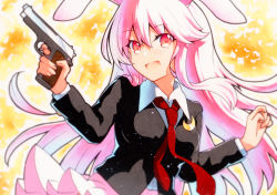 Rule 34 | 1girl, animal ears, beretta 92, black jacket, blazer, blush, breasts, collared shirt, commentary request, crescent, crescent pin, dress shirt, finger on trigger, gun, hair between eyes, handgun, highres, holding, holding gun, holding weapon, jacket, long hair, long sleeves, medium breasts, necktie, open mouth, pink hair, pink skirt, qqqrinkappp, rabbit ears, red eyes, red necktie, reisen udongein inaba, shirt, skirt, smile, solo, touhou, traditional media, upper body, very long hair, weapon, white shirt