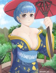 Rule 34 | 1girl, bare shoulders, blue hair, blush, breasts, brown eyes, cleavage, fire emblem, fire emblem: three houses, forest, highres, japanese clothes, kimono, large breasts, looking at viewer, loose clothes, marianne von edmund, nature, nintendo, signature, smile, solo, traveler san, umbrella, watermark