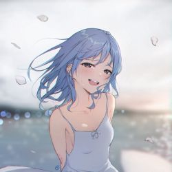 Rule 34 | 1girl, armpit peek, arms behind back, bare shoulders, blue dress, blue eyes, blue hair, blurry, blurry background, blush, breasts, chromatic aberration, cleavage, collarbone, dress, envyvanity, hair down, hololive, hoshimachi suisei, lens flare, looking at viewer, medium hair, motion blur, open mouth, outdoors, petals, signature, small breasts, smile, solo, spaghetti strap, sundress, upper body, virtual youtuber, wind