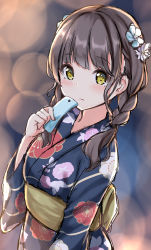 Rule 34 | 1girl, blue flower, blue kimono, blurry, blurry background, blush, braid, breasts, brown eyes, brown hair, closed mouth, depth of field, floral print, flower, hair flower, hair ornament, hair over shoulder, hand up, highres, holding, japanese clothes, keiran (ryo170), kimono, long hair, long sleeves, looking at viewer, obi, original, print kimono, sash, small breasts, solo, twin braids, white flower, wide sleeves