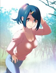 Rule 34 | 1girl, alternate costume, blue eyes, blue hair, breasts, bright pupils, cleavage, closed mouth, collarbone, commentary request, covered erect nipples, creatures (company), day, ero kaeru, game freak, grey pants, hair ornament, hair tie, hairclip, hand on own hip, hand up, lana&#039;s mother (pokemon), looking at viewer, mature female, medium breasts, nintendo, no sclera, outdoors, pants, pink shirt, pokemon, pokemon (anime), pokemon sm (anime), ponytail, shirt, smile, solo, swept bangs, white pupils