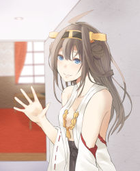 Rule 34 | 10s, 1girl, ahoge, bad id, bad pixiv id, bare shoulders, brown hair, detached sleeves, double bun, hairband, headgear, japanese clothes, kantai collection, kongou (kancolle), long hair, nontraditional miko, personification, rane (etsu), smile, solo