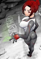 Rule 34 | 1girl, artist request, ass, bodysuit, bodysuit under clothes, boots, breasts, from above, from behind, gloves, kemurikusa, large breasts, looking at viewer, looking up, ponytail, red eyes, red hair, rin (kemurikusa), shiny clothes, short hair, skin tight, smile, solo