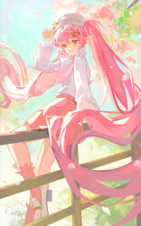 Rule 34 | 1girl, absurdres, blue sky, cherry blossoms, cherry hair ornament, collar, commentary request, day, falling petals, floating hair, food-themed hair ornament, frilled collar, frills, hair between eyes, hair ornament, hand up, hat, hatsune miku, high collar, highres, light blush, long hair, long sleeves, outdoors, parted lips, petals, pink eyes, pink hair, pink skirt, pink socks, sakura miku, sakura miku (rella), shirt, shoes, sitting, skirt, sky, socks, solo, twintails, very long hair, vocaloid, white footwear, white hat, white shirt, yazawa yuki