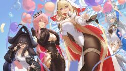 Rule 34 | 4girls, absurdres, ahoge, azur lane, balloon, black cape, black dress, black gloves, black hair, black pantyhose, blonde hair, blue horns, blue sleeves, boots, breasts, cape, capelet, clemenceau (azur lane), clothing cutout, cowboy shot, cross, crown, dress, elbow gloves, fur-trimmed capelet, fur trim, gloves, hair between eyes, hat, heart balloon, highres, hip vent, horns, huge ahoge, kersaint (azur lane), large breasts, long dress, long hair, long sleeves, looking at viewer, medium breasts, multiple girls, navel cutout, pantyhose, pelvic curtain, pink eyes, pink hair, pirate hat, puffy sleeves, red eyes, side slit, single bare shoulder, suffren (azur lane), thigh strap, tight clothes, tight dress, two-sided cape, two-sided fabric, two-tone cape, very long hair, white dress, white footwear, white gloves, white hair, white veil, whydah (azur lane), wide sleeves, yue zheng zhi yu