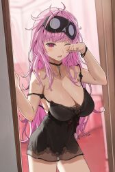 Rule 34 | 1girl, archinoer, bare shoulders, black choker, black mask, black nightgown, blush, breasts, choker, cleavage, collarbone, earrings, eye mask, highres, hololive, hololive english, jewelry, large breasts, long hair, mask, mask on head, messy hair, mori calliope, mori calliope (sleepwear), nightgown, one eye closed, open mouth, pink eyes, pink hair, red eyes, skull choker, skull collar, skull earrings, sleep mask, solo, virtual youtuber