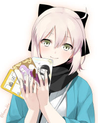 Rule 34 | 1girl, ahoge, black scarf, bow, card, cowboy shot, craft essence (fate), fate/grand order, fate (series), green eyes, hair bow, head tilt, holding, holding card, japanese clothes, kana, kimono, koha-ace, looking at viewer, medusa (fate), medusa (rider) (fate), oda nobunaga (fate), oda nobunaga (koha-ace), okita souji (fate), okita souji (koha-ace), pink hair, scarf, shinsengumi, short hair, smile, solo, twitter username, upper body