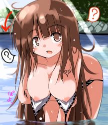Rule 34 | 1girl, ?, arrow (symbol), bikini, bikini pull, blush, breasts, brown eyes, brown hair, cleavage, clothes pull, clueless, emma (magico), hanging breasts, heart, large breasts, long hair, magico, nipples, open mouth, partially submerged, solo, standing, swimsuit, tattoo, tsuzuri (tuzuri), untied, wading, wardrobe malfunction, water, wet