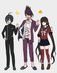 Rule 34 | 1girl, 2boys, :d, absurdres, ahoge, arironpawa, black hair, black jacket, black pants, blunt bangs, brown eyes, brown hair, buttons, clenched hand, collarbone, danganronpa (series), danganronpa v3: killing harmony, facial hair, fire, full body, goatee, hair ornament, hair scrunchie, hand up, harukawa maki, highres, jacket, long hair, long sleeves, looking at viewer, low twintails, miniskirt, mole, mole under eye, momota kaito, multiple boys, open clothes, open mouth, pants, pleated skirt, purple eyes, red eyes, red scrunchie, red thighhighs, saihara shuichi, sailor collar, school uniform, scrunchie, shirt, short hair, skirt, smile, spiked hair, standing, striped clothes, striped jacket, striped pants, teeth, thighhighs, twintails, upper teeth only, white shirt, zettai ryouiki