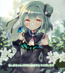 Rule 34 | 1girl, animal, black dress, black sleeves, blush, bug, butterfly, closed mouth, commentary request, detached sleeves, double bun, dress, flower, green hair, hair bun, hair ornament, hololive, insect, juliet sleeves, long hair, long sleeves, looking at viewer, lunacats, puffy sleeves, red eyes, skull hair ornament, sleeveless, sleeveless dress, solo, spring (season), translation request, uruha rushia, uruha rushia (3rd costume), virtual youtuber, white flower