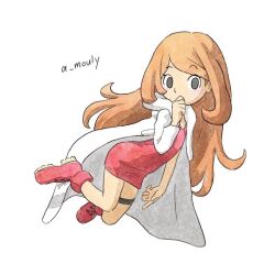 Rule 34 | 1girl, achillex mouly, artist name, black eyes, coat, covering own mouth, dress, hand over own mouth, long hair, mona (warioware), nintendo, orange hair, red dress, red footwear, simple background, warioware, white background, white coat