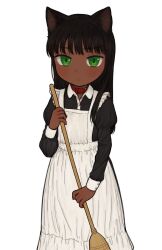 Rule 34 | 1girl, animal ears, apron, black dress, black hair, blush, broom, cat ears, collar, collared dress, commentary request, dark-skinned female, dark skin, dress, expressionless, green eyes, highres, holding, holding broom, long hair, looking at viewer, maid, maid apron, omodaka (nitera1041), original, red collar, simple background, solo, upper body, white apron, white background