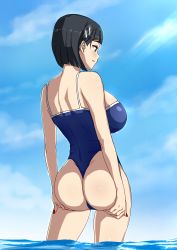 Rule 34 | 1girl, absurdres, artist request, ass, ass grab, ass support, bare shoulders, black hair, blue eyes, blue one-piece swimsuit, bob cut, breasts, day, duplicate, from behind, grabbing own ass, hair ornament, hairclip, highres, kirigaya suguha, large breasts, one-piece swimsuit, open mouth, outdoors, shiny clothes, shiny skin, short hair, sideboob, smile, solo, standing, swimsuit, sword art online