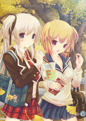 Rule 34 | 2girls, alternate costume, bag, blonde hair, blue eyes, blush, collarbone, contemporary, cup, day, drinking straw, eating, food, ginkgo tree, hair ornament, hair ribbon, holding, charm (object), leaf, long hair, mabinogi, multiple girls, nao (mabinogi), necktie, open mouth, outdoors, plaid, plaid skirt, pleated skirt, pocky, red eyes, ribbon, school bag, school uniform, short hair, silver hair, sisco, skirt, succubus (mabinogi), tree, twintails, upper body