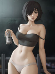 Rule 34 | 1girl, beer can, black camisole, black hair, bootybear, breasts, camisole, can, chainsaw man, cigarette, drink can, eyepatch, green eyes, highres, himeno (chainsaw man), large breasts, lips, looking at viewer, mouth hold, navel, panties, short hair, signature, solo, strap slip, underwear, white panties