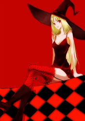 Rule 34 | 1girl, bad id, bad pixiv id, blonde hair, boots, female focus, garter belt, garter straps, hat, kol49, legs, long hair, red eyes, sitting, solo, thighhighs, witch hat