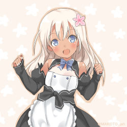 Rule 34 | 1girl, apron, bare shoulders, blonde hair, blue bow, blue bowtie, blue eyes, blush, bow, bowtie, cleavage cutout, clothing cutout, cosplay, detached sleeves, dream c club, dream c club (cosplay), dream c club (series), flower, hair flower, hair ornament, kantai collection, long hair, looking at viewer, lowres, mizuki makoto, open mouth, ro-500 (kancolle), simple background, smile, solo, tan, tanline