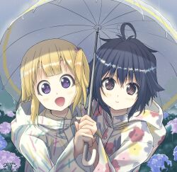 2021 22/7 2girls :d absurdres ahoge artist_name blonde_hair blue_hair blush brown_eyes closed_mouth dark_blue_hair dated flower fujima_sakura highres holding holding_umbrella hydrangea long_hair mid227 multiple_girls one_side_up open_mouth outdoors purple_eyes purple_flower rain raincoat short_hair single_hair_ring smile takigawa_miu umbrella upper_body