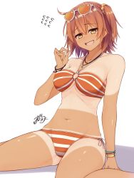 Rule 34 | 1girl, ahoge, arm at side, bad id, bad pixiv id, bikini, blush, bracelet, breasts, cleavage, commentary request, dark-skinned female, dark skin, embarrassed, eyewear on head, fate/grand order, fate (series), flying sweatdrops, from side, fujimaru ritsuka (female), fujimaru ritsuka (female) (brilliant summer), gem, green gemstone, hair between eyes, hair ornament, hair scrunchie, half-closed eyes, halterneck, hand up, highres, jewelry, looking at viewer, medium breasts, navel, necklace, nose blush, o-ring, o-ring bikini, o-ring top, official alternate costume, open mouth, orange bikini, orange hair, orange scrunchie, parted bangs, playing with own hair, ramchi, scrunchie, shadow, short hair, side-tie bikini bottom, side ponytail, signature, simple background, sitting, solo, spread legs, stomach, striped bikini, striped clothes, sunglasses, swimsuit, tan, tanline, thighs, wariza, watch, white background, wristwatch, yellow eyes