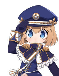 Rule 34 | 1girl, arm up, blue capelet, blue dress, blue eyes, blue gloves, blue hat, blush, capelet, character request, closed mouth, clothing cutout, commentary request, dress, epaulettes, gloves, hair between eyes, hat, highres, light brown hair, long sleeves, looking at viewer, navel, navel cutout, osaragi mitama, oshiro project:re, peaked cap, salute, short hair, simple background, smile, solo, white background