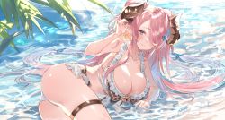 Rule 34 | 1girl, ass, bare shoulders, beach, bikini, blue eyes, braid, breasts, closed mouth, collarbone, double bun, draph, earrings, granblue fantasy, hair bun, hair ornament, hair over one eye, highres, horns, ichinosenen, jewelry, large breasts, light purple hair, long hair, looking at viewer, low tied hair, lying, narmaya (granblue fantasy), narmaya (summer) (granblue fantasy), on side, on water, one eye covered, pointy ears, single braid, smile, solo, swimsuit, thigh strap, very long hair, water, white bikini
