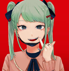 Rule 34 | 1girl, absurdres, bandaid, bandaid on neck, black eyes, blue bow, blue ribbon, bow, earrings, eyelashes, fangs, green hair, hair bow, hair ornament, hatsune miku, heart, heart hair ornament, highres, jewelry, long sleeves, mask, open mouth, pink shirt, pinky out, red background, ribbon, rikuya (0325shs), ring, shirt, solo, twintails, upper body, vampire (vocaloid), vocaloid