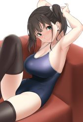 Rule 34 | 1girl, armpits, arms up, blue one-piece swimsuit, blush, breasts, brown thighhighs, cleavage, closed mouth, couch, green eyes, hatakenaka (kamagabuchi), highres, knee up, large breasts, looking at viewer, on couch, one-piece swimsuit, original, reclining, school swimsuit, side ponytail, sidelocks, sitting, smile, solo, swimsuit, thighhighs, thighs, white background