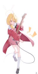 Rule 34 | 1girl, absurdres, ahoge, black footwear, blonde hair, blue archive, blush, closed mouth, electric guitar, full body, guitar, halo, highres, holding, holding instrument, instrument, jacket, long hair, long sleeves, looking at viewer, open clothes, open jacket, pink skirt, pleated skirt, red jacket, shoes, signature, simple background, skirt, socks, solo, tachibana shiori (suica 112), white background, white socks, yellow eyes, yellow halo, yoshimi (band) (blue archive), yoshimi (blue archive)