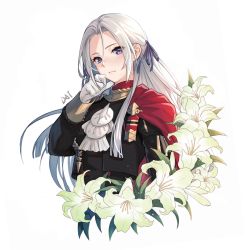 Rule 34 | 1girl, artist name, blush, cape, closed mouth, da-cart, edelgard von hresvelg, fire emblem, fire emblem: three houses, flower, forehead, gloves, hair ribbon, hand on own face, hand up, highres, lily (flower), long hair, long sleeves, looking at viewer, nintendo, purple eyes, purple ribbon, red cape, ribbon, silver hair, simple background, smile, solo, uniform, upper body, white background, white flower, white gloves