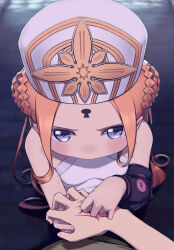 Rule 34 | 1girl, 1other, abigail williams (fate), abigail williams (swimsuit foreigner) (fate), abigail williams (swimsuit foreigner) (second ascension) (fate), absurdres, black jacket, blonde hair, blue eyes, blush, braid, braided bun, breasts, clothes down, command spell, daisi gi, double bun, fate/grand order, fate (series), forehead, from above, hair bun, hat, highres, holding hands, jacket, keyhole, long hair, mitre, one-piece swimsuit, pout, pov, pov hands, small breasts, solo focus, swimsuit, tearing up, very long hair, white headwear, white one-piece swimsuit