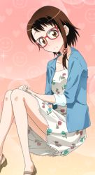 Rule 34 | 10s, 1girl, blue jacket, blush, brown eyes, brown hair, collarbone, dress, glasses, hair ornament, invisible chair, jacket, looking at viewer, nisekoi, onodera kosaki, own hands together, short hair with long locks, sitting, solo, white dress