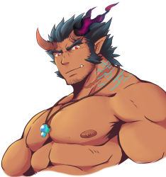 Rule 34 | 1boy, bara, blue hair, cropped torso, dark blue hair, demon boy, facial hair, fang, fiery horns, highres, horns, jewelry, kagemaru (kagemaru321), large pectorals, long sideburns, looking at viewer, male focus, muscular, necklace, nipples, pectorals, scar, sideburns, simple background, solo, stubble, takemaru (housamo), thick eyebrows, tokyo houkago summoners, upper body